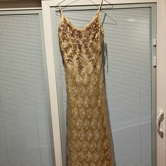 Champagne Beaded Embroidered Formal Dress with Lace Overlay - Picture 6 of 7